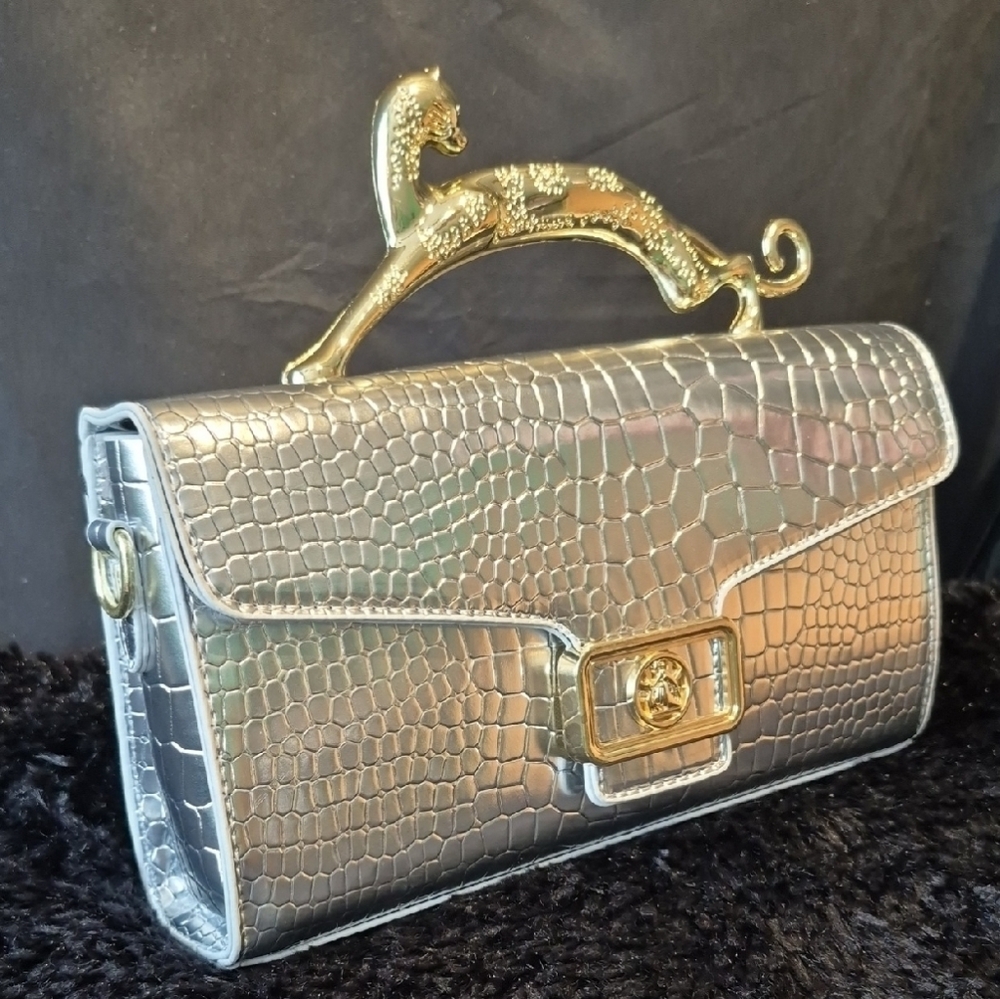 Chic Silver Crocodile Embossed Clutch with Gold Leopard Handle - Picture 5 of 17